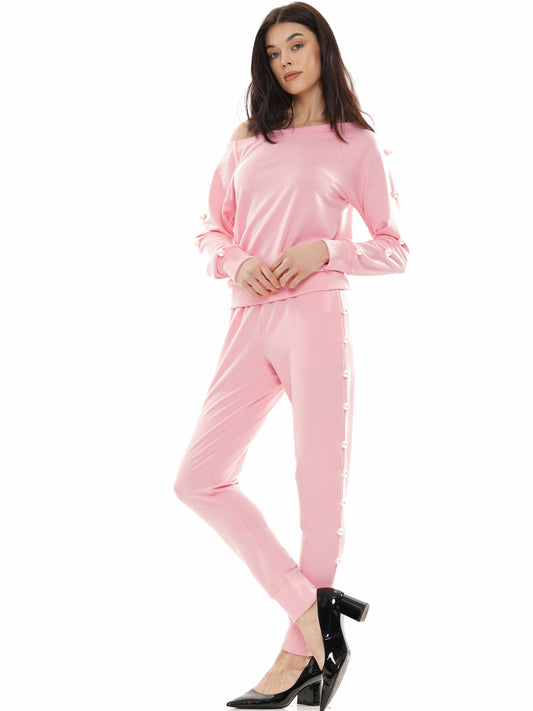 Pearl Trim Off-Shoulder Top & Pants 2-Piece Set