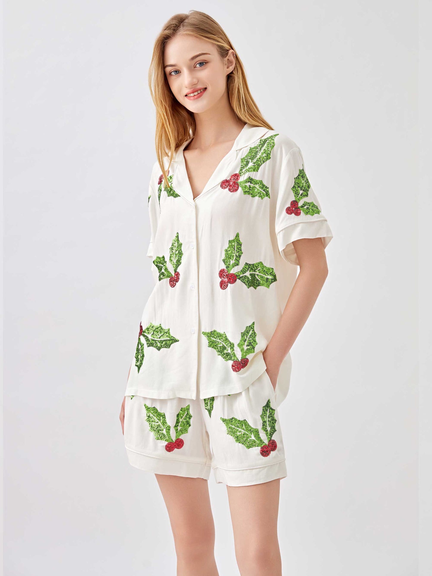 Christmas Sequin Mistletoe Pajama 2-Piece Set