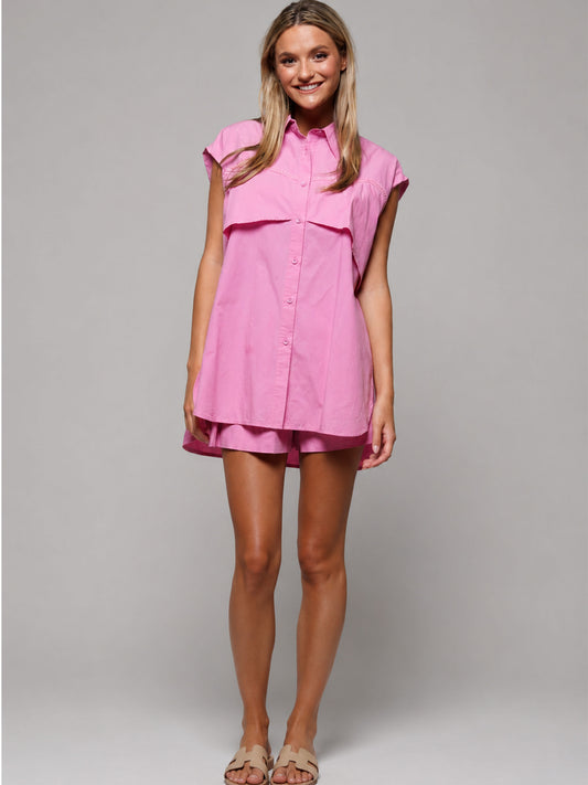 Sleeveless Button Up Shorts 2-Piece Set