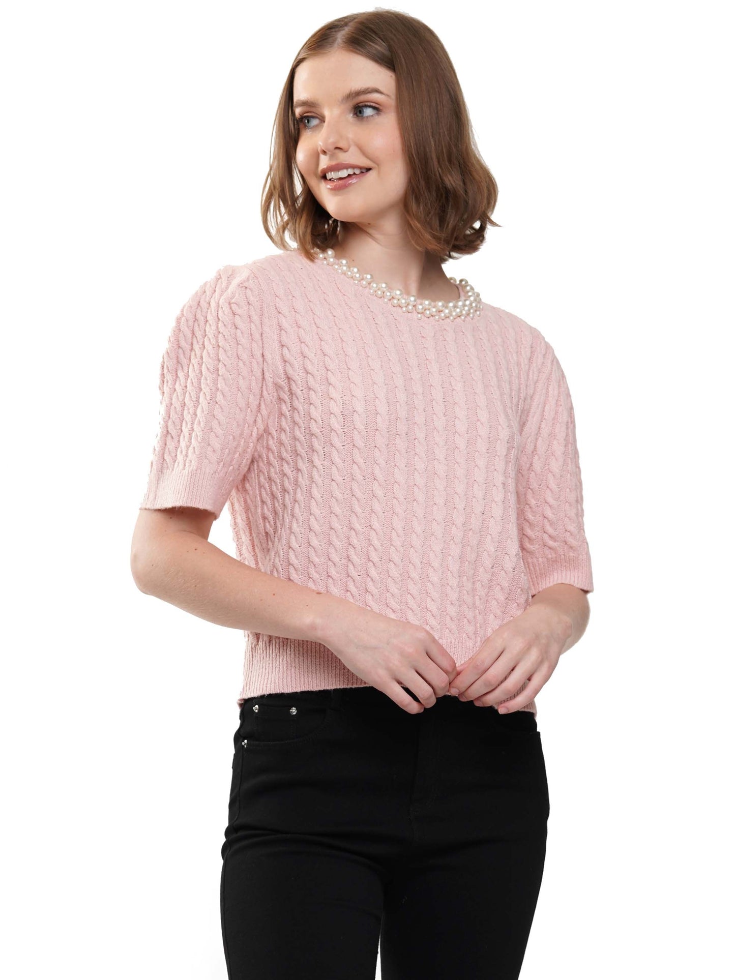 Neckline Pearls Beaded Cable Knit