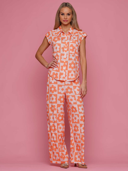 Checkered flower top and pants set