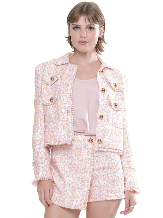 Tweed Long Sleeve Pearl Embellished Jacket