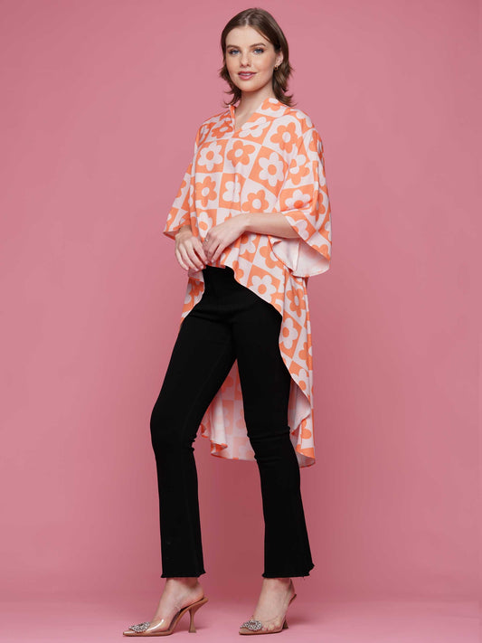 High Low Checkered Flower Print Top