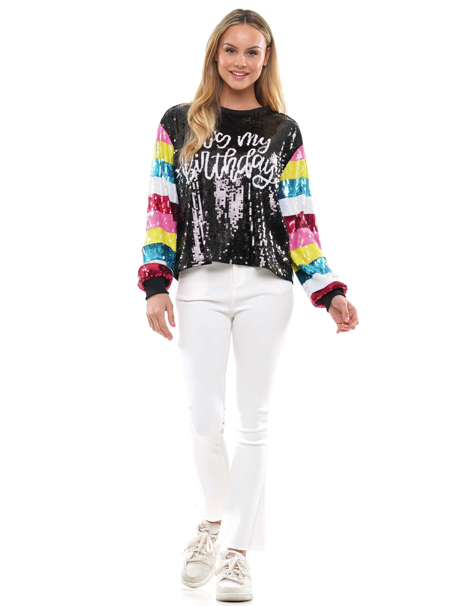 It's My Birthday colorful sequin striped long sleeve top