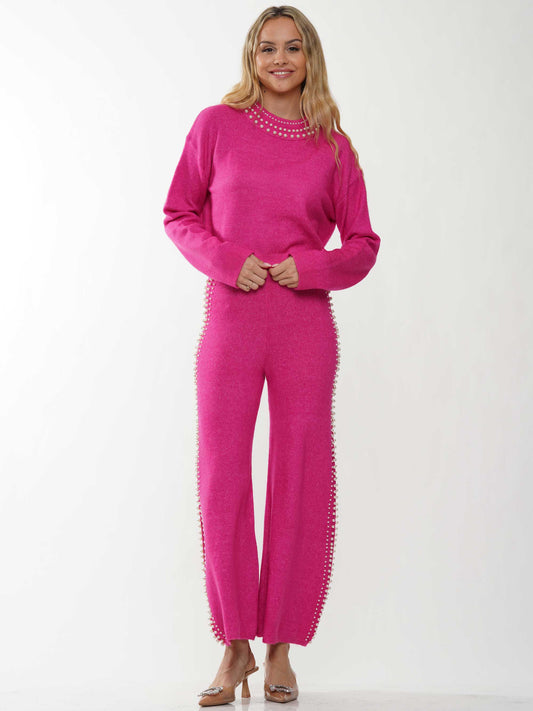 Pearl neck & lined knitted top & pants 2-Piece Set