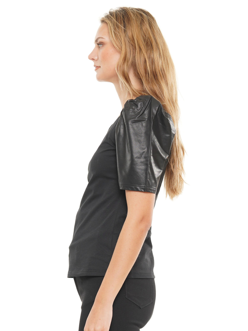 Faux leather ruff sleeve top