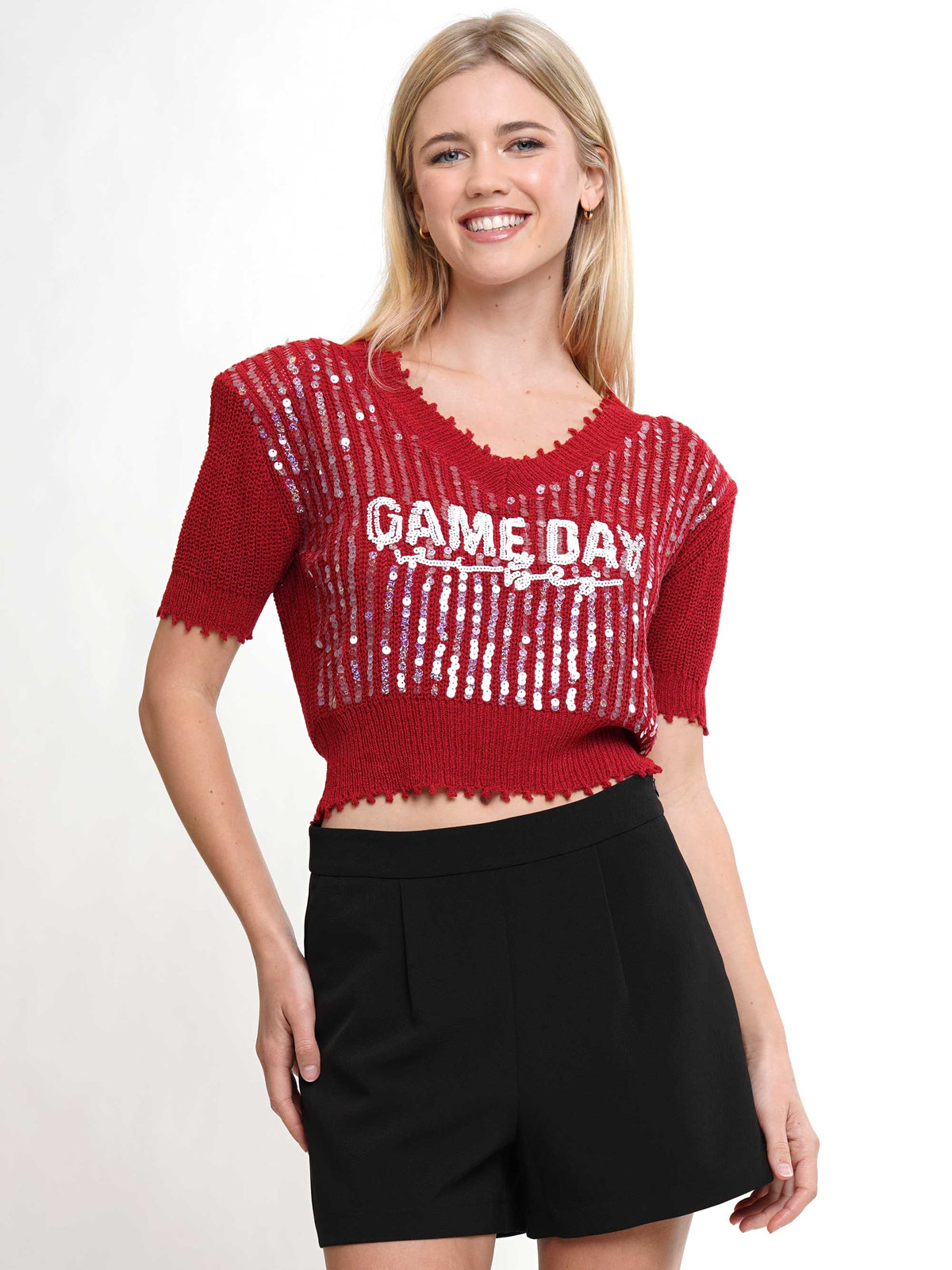 V Neckline Game Day Short Sleeve Knit