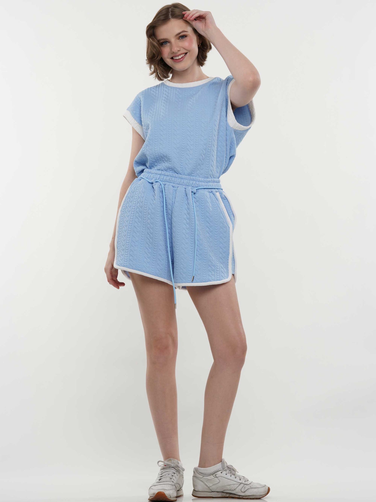 Vertical Striped Knit Pattern Top & Shorts 2-Piece Set