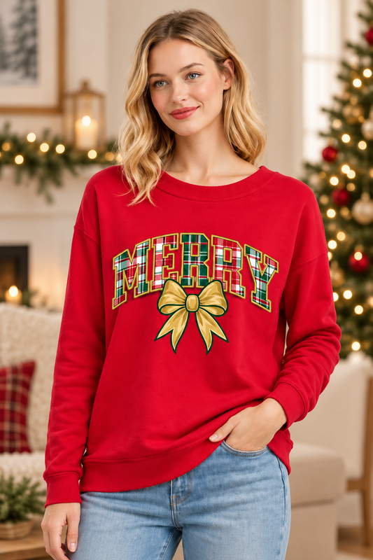 Merry Plaid Bow Christmas Crewneck Sweatshirt