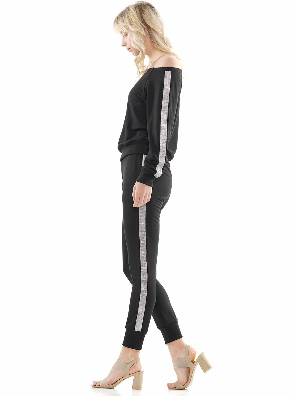 Rhinestone Trim Off-Shoulder Top & Pants Set