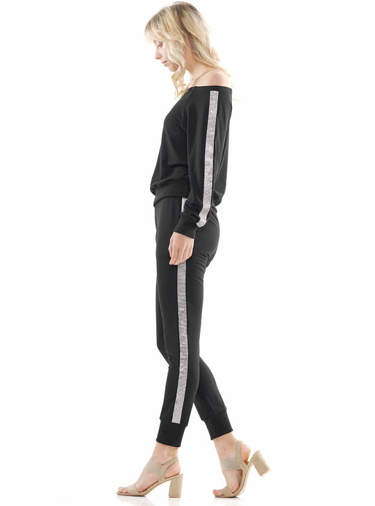 Rhinestone Trim Off-Shoulder Top & Pants Set