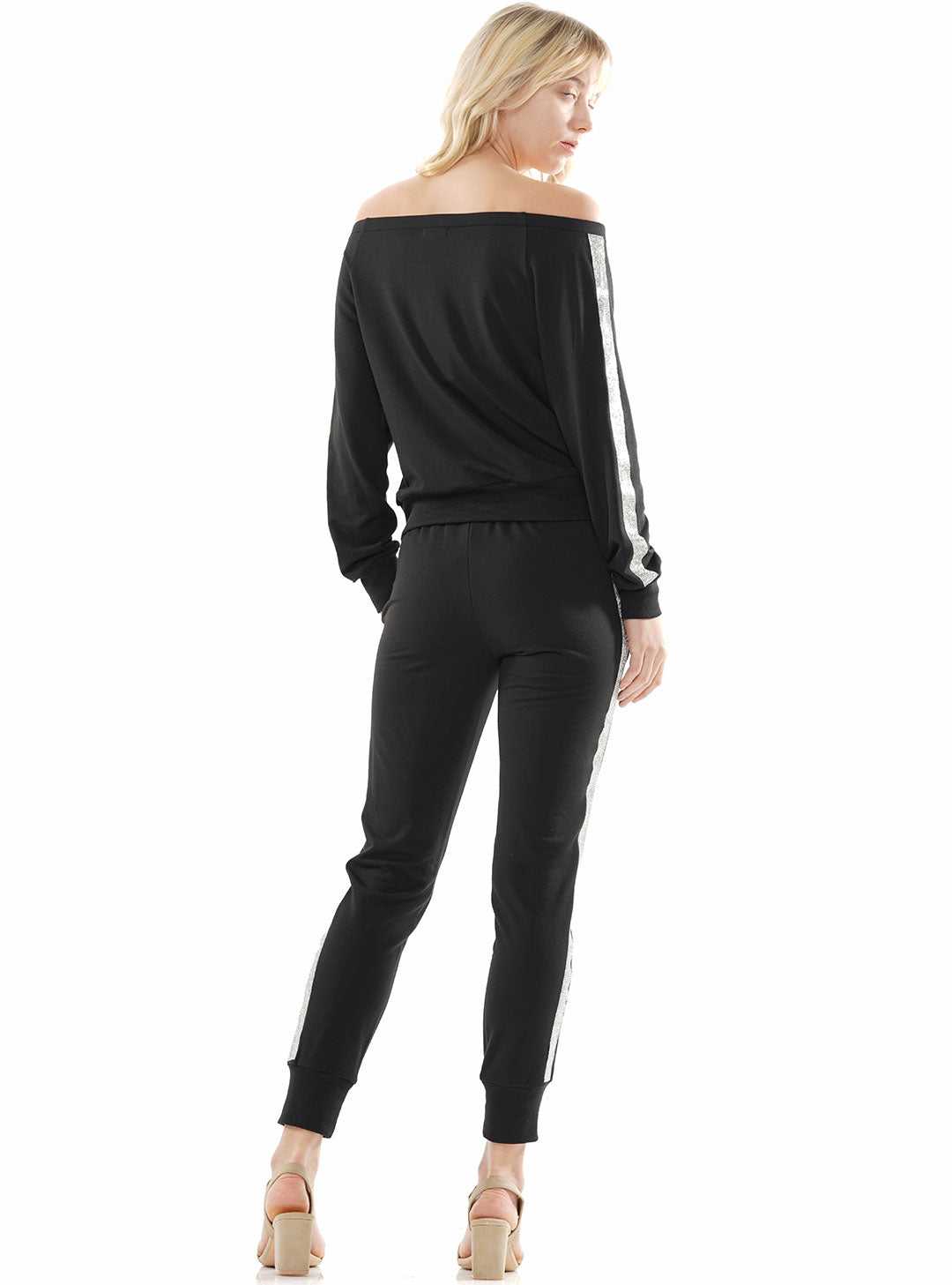 Rhinestone Trim Off-Shoulder Top & Pants Set