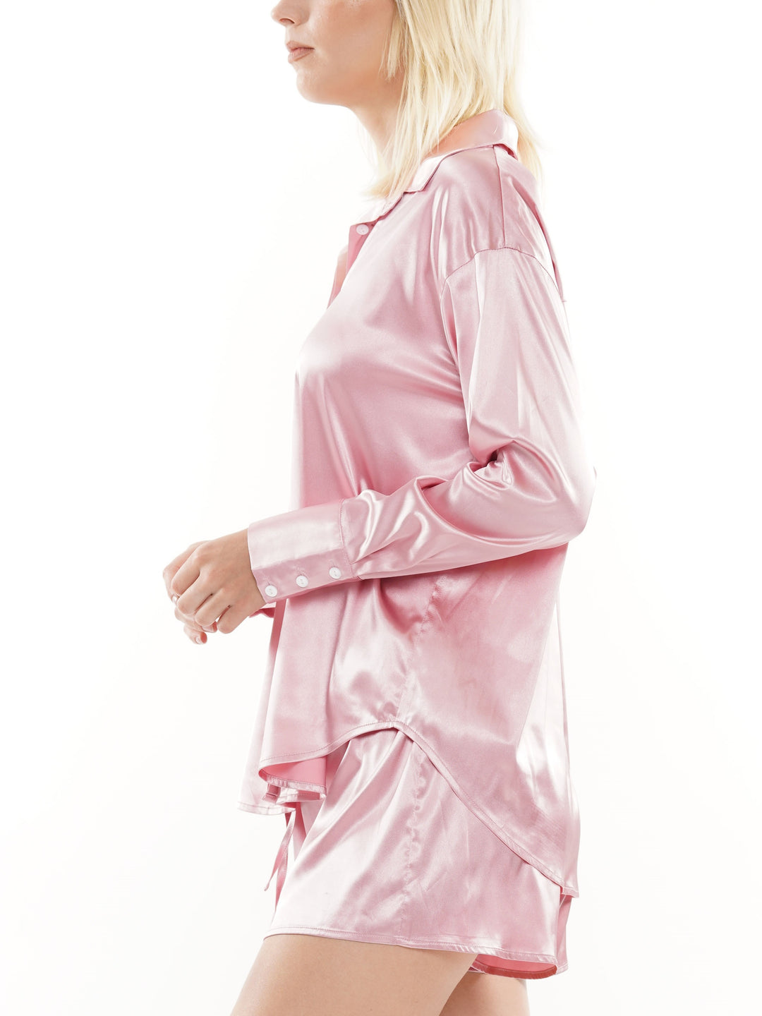 Long-sleeve button-up satin shirt and short set