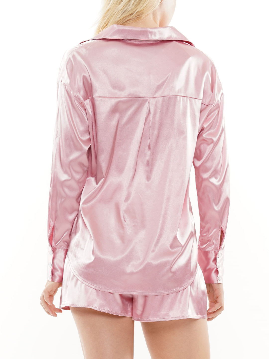 Long-sleeve button-up satin shirt and short set