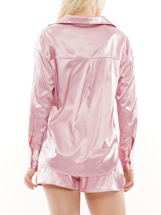 Long-sleeve button-up satin shirt and short set