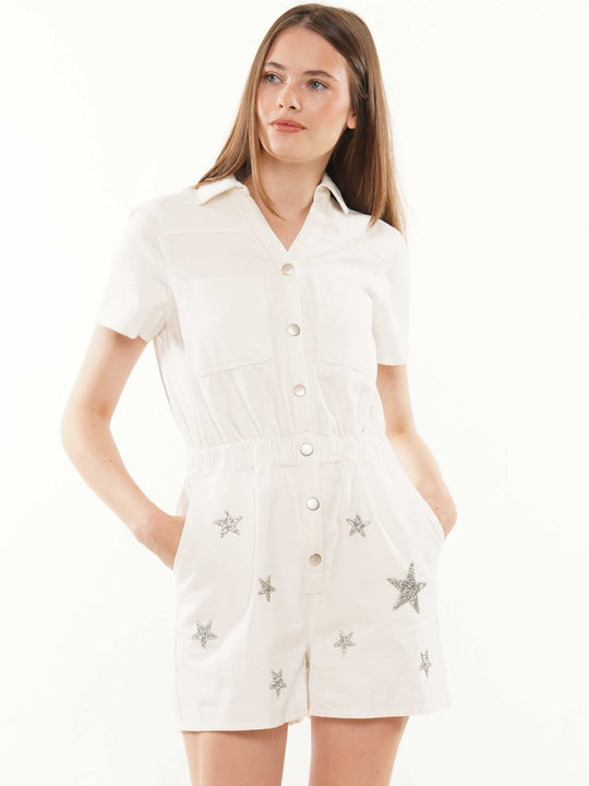 Star embellished denim romper