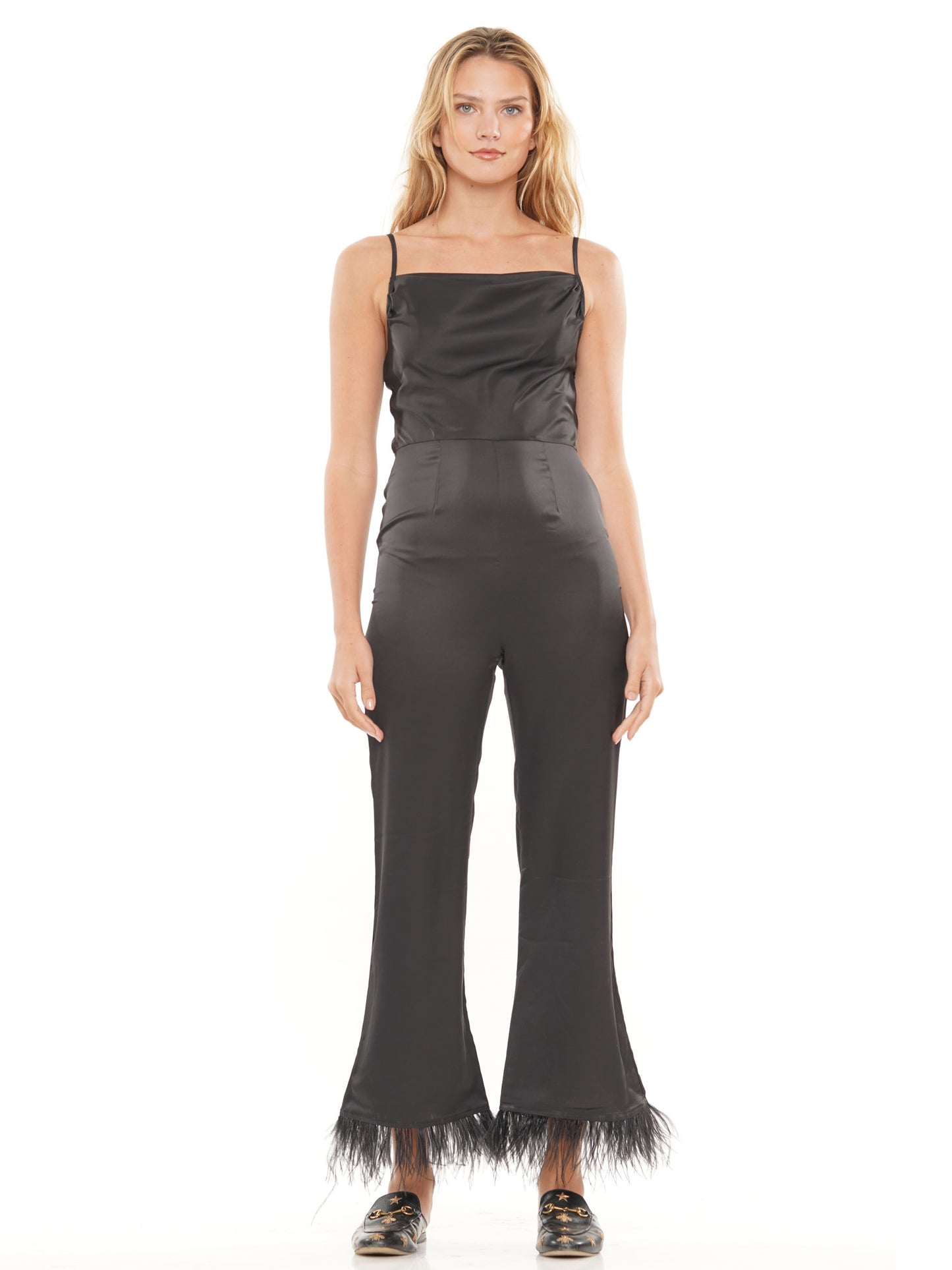 Satin jumpsuit with faux feathers