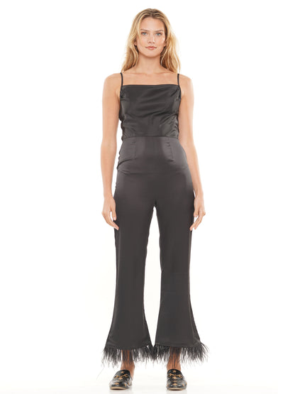 Satin jumpsuit with faux feathers