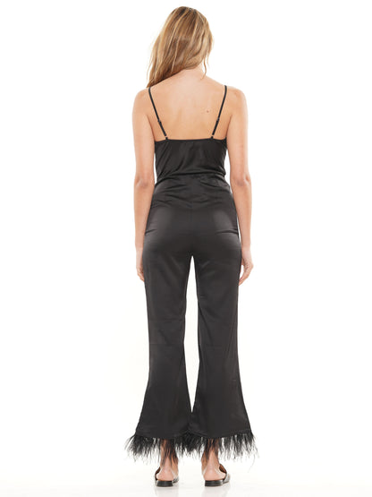 Satin jumpsuit with faux feathers