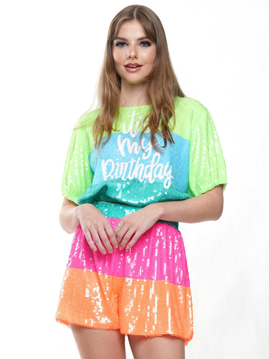 its my birthday rainbow crop sequin top & shorts
