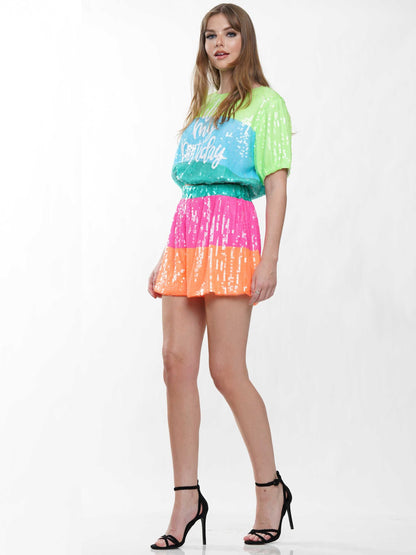 It's my birthday rainbow crop sequin 2-Piece top & shorts
