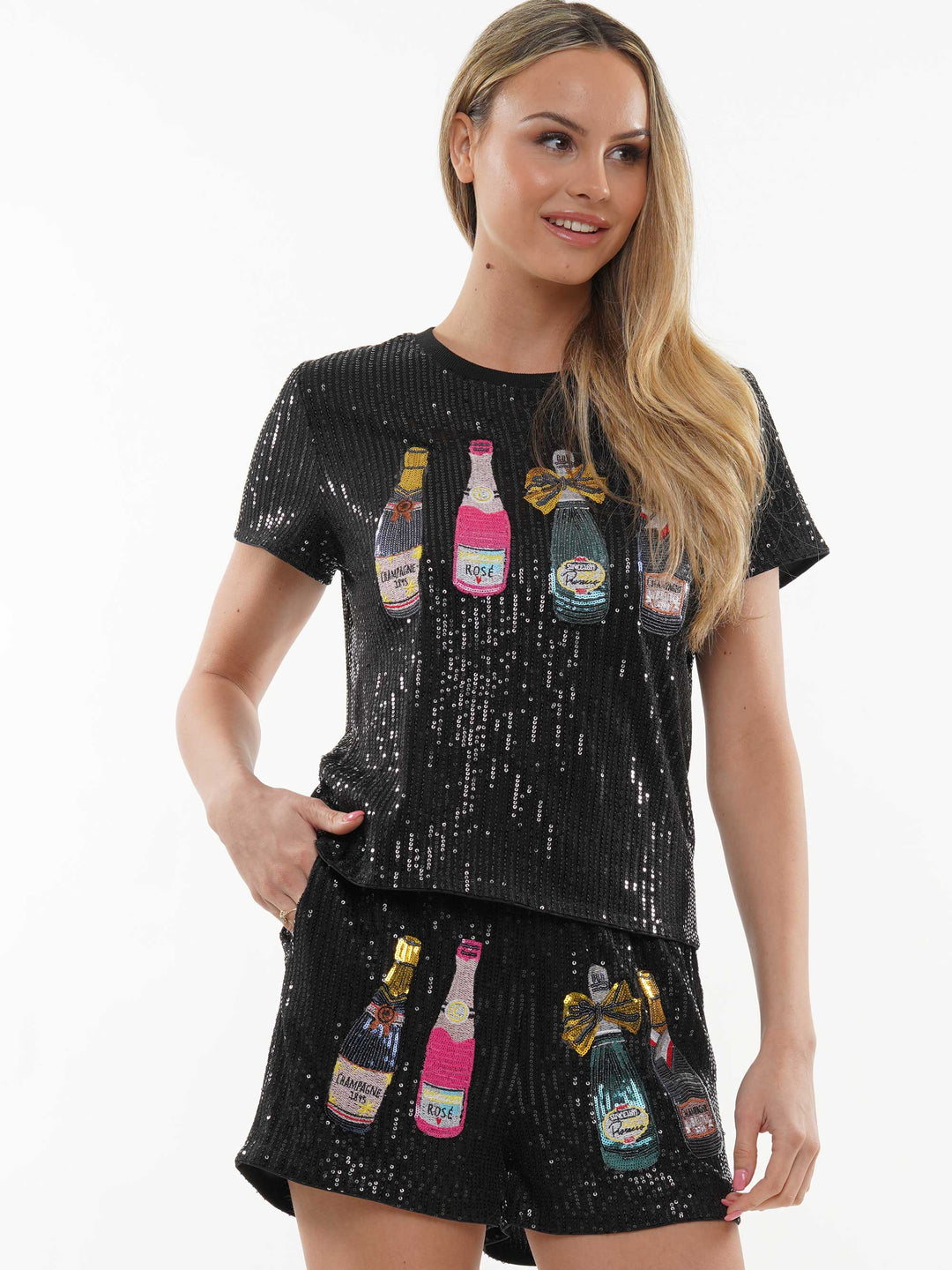 Champagne Bottle Sequin Top & Shorts 2-Piece Set
