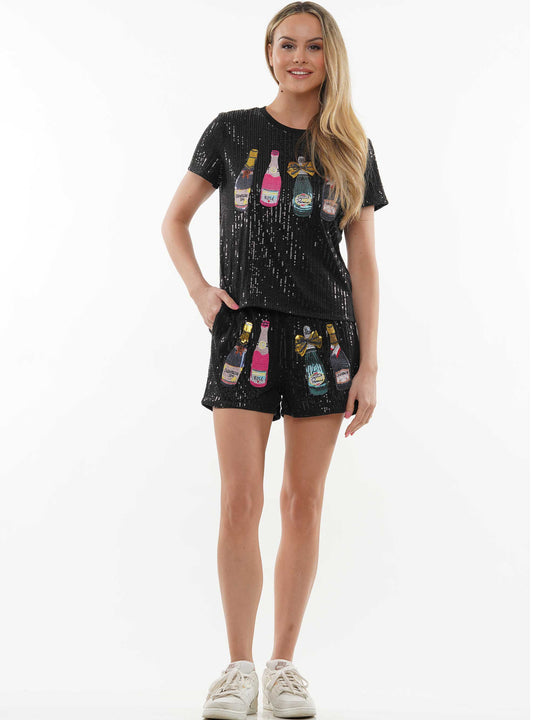 Champagne Bottle Sequin Top & Shorts 2-Piece Set