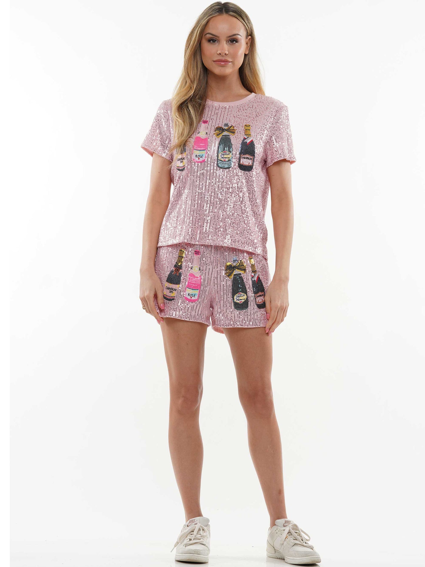 Champagne Bottle Sequin Top & Shorts 2-Piece Set