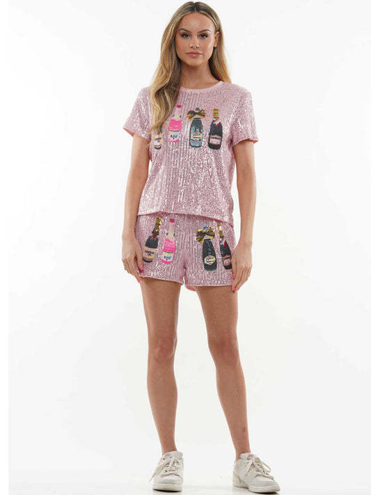 Champagne Bottle Sequin Top & Shorts 2-Piece Set