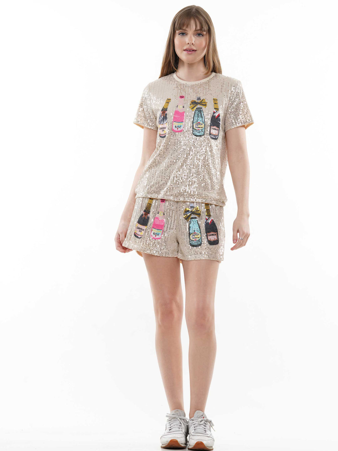 Champagne Bottle Sequin Top & Shorts 2-Piece Set