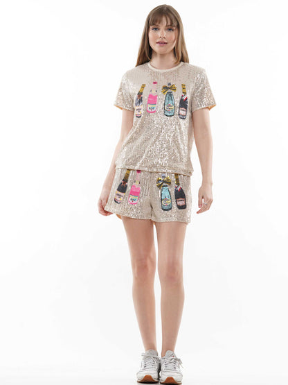 Champagne Bottle Sequin Top & Shorts 2-Piece Set