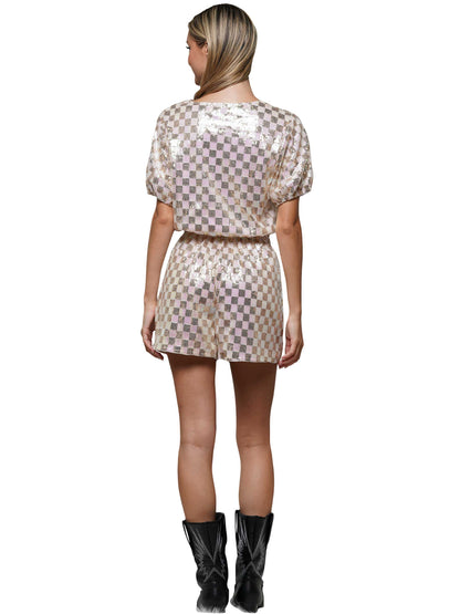 Sequin Checkered Crop Top & High Waisted Short