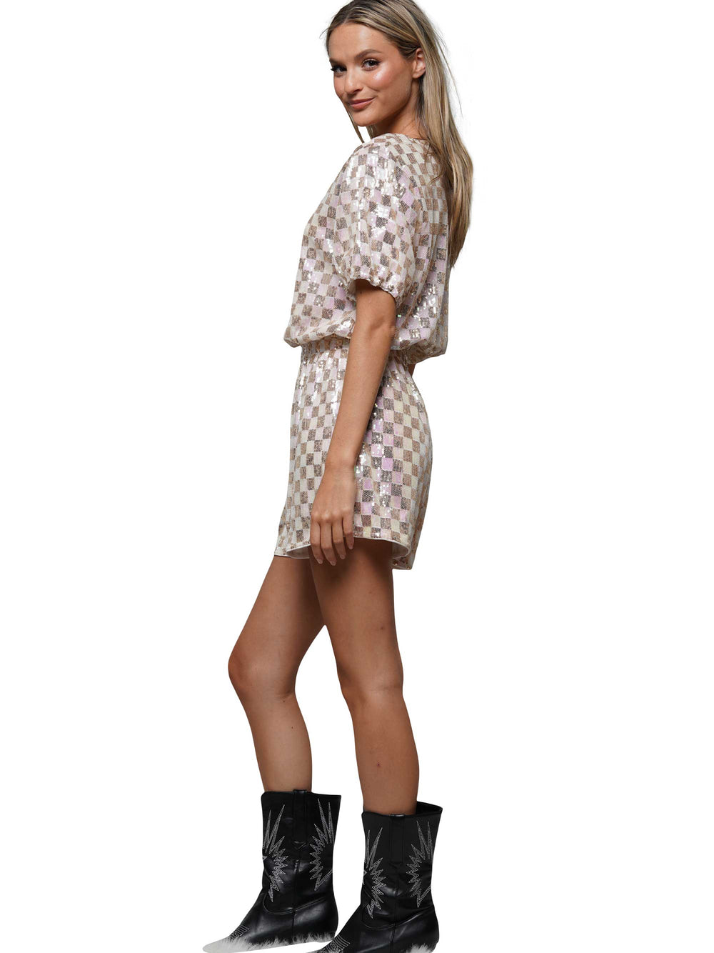 Sequin Checkered Crop Top & High Waisted Short