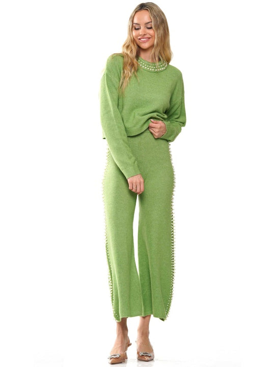 Pearl neck & lined knitted top & pants 2-Piece Set