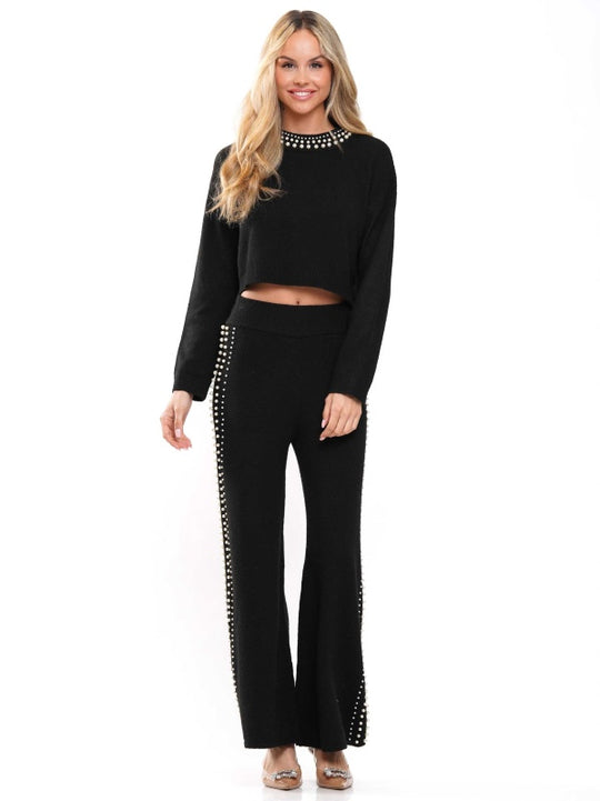 Pearl neck & lined knitted top & pants 2-Piece Set