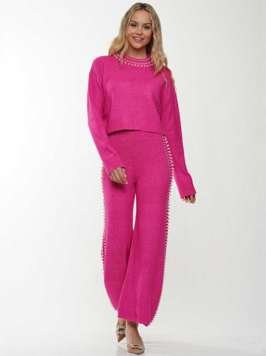 Pearl neck & lined knitted top & pants 2-Piece Set