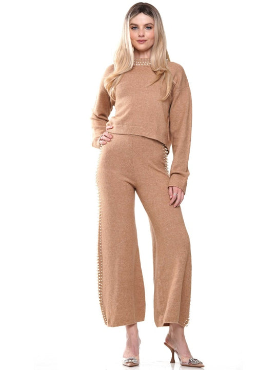 Pearl neck & lined knitted top & pants 2-Piece Set