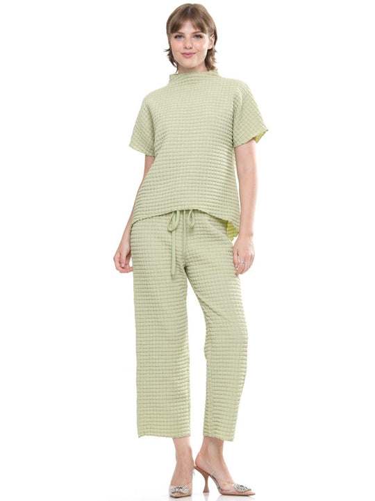 Waffle Textured Mock Neck Short Sleeve & Pants Set