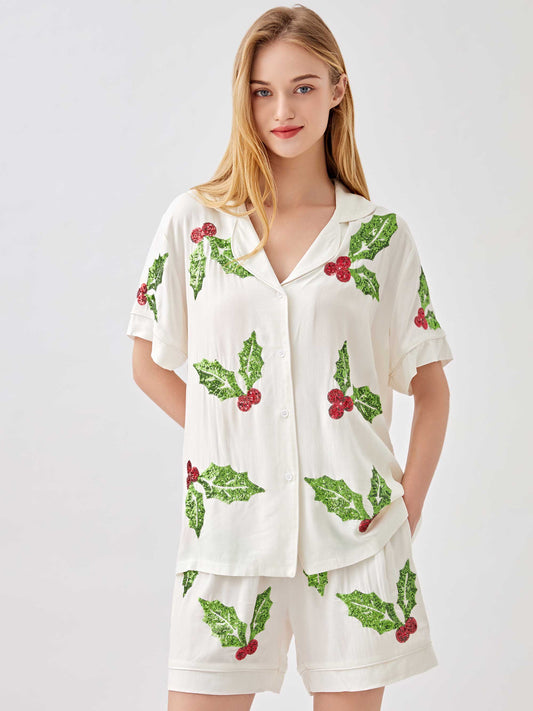 Christmas Sequin Mistletoe Pajama 2-Piece Set