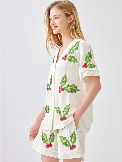 Christmas Sequin Mistletoe Pajama 2-Piece Set