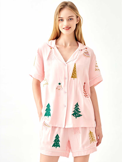 Christmas Tree Embroidery Pajama 2-Piece Set