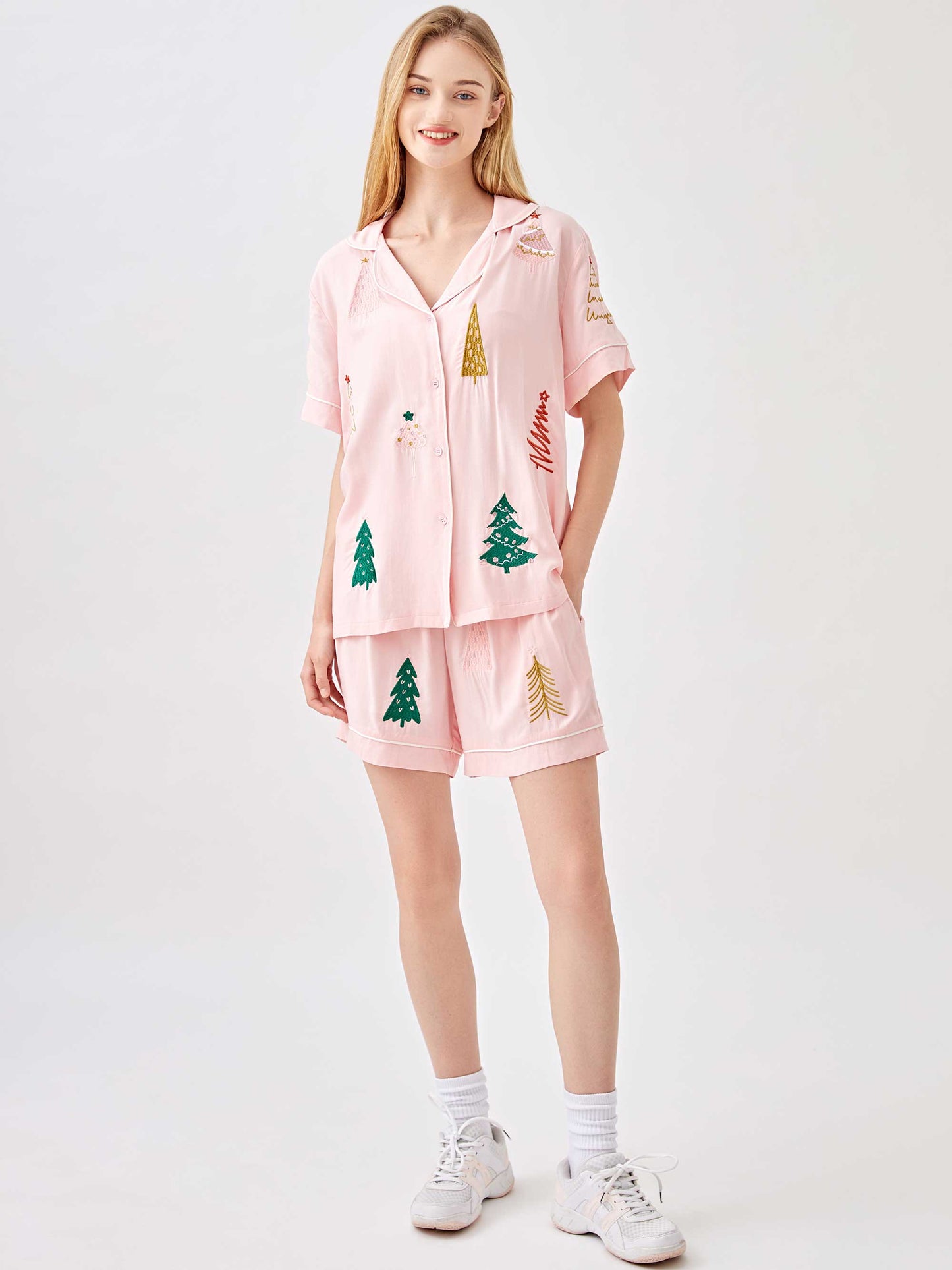 Christmas Tree Embroidery Pajama 2-Piece Set
