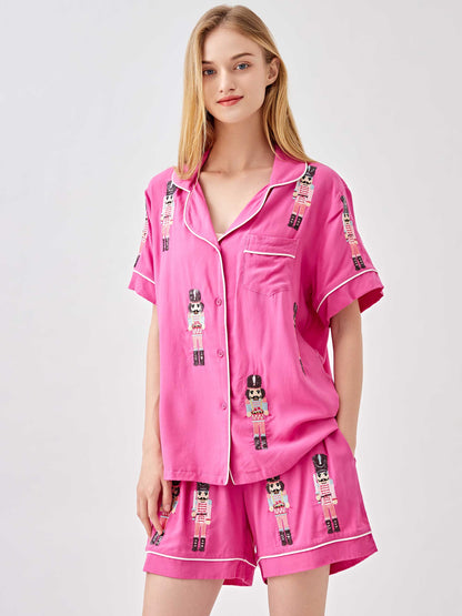 Christmas Nutcracker Embroidery Pajama 2-Piece Set