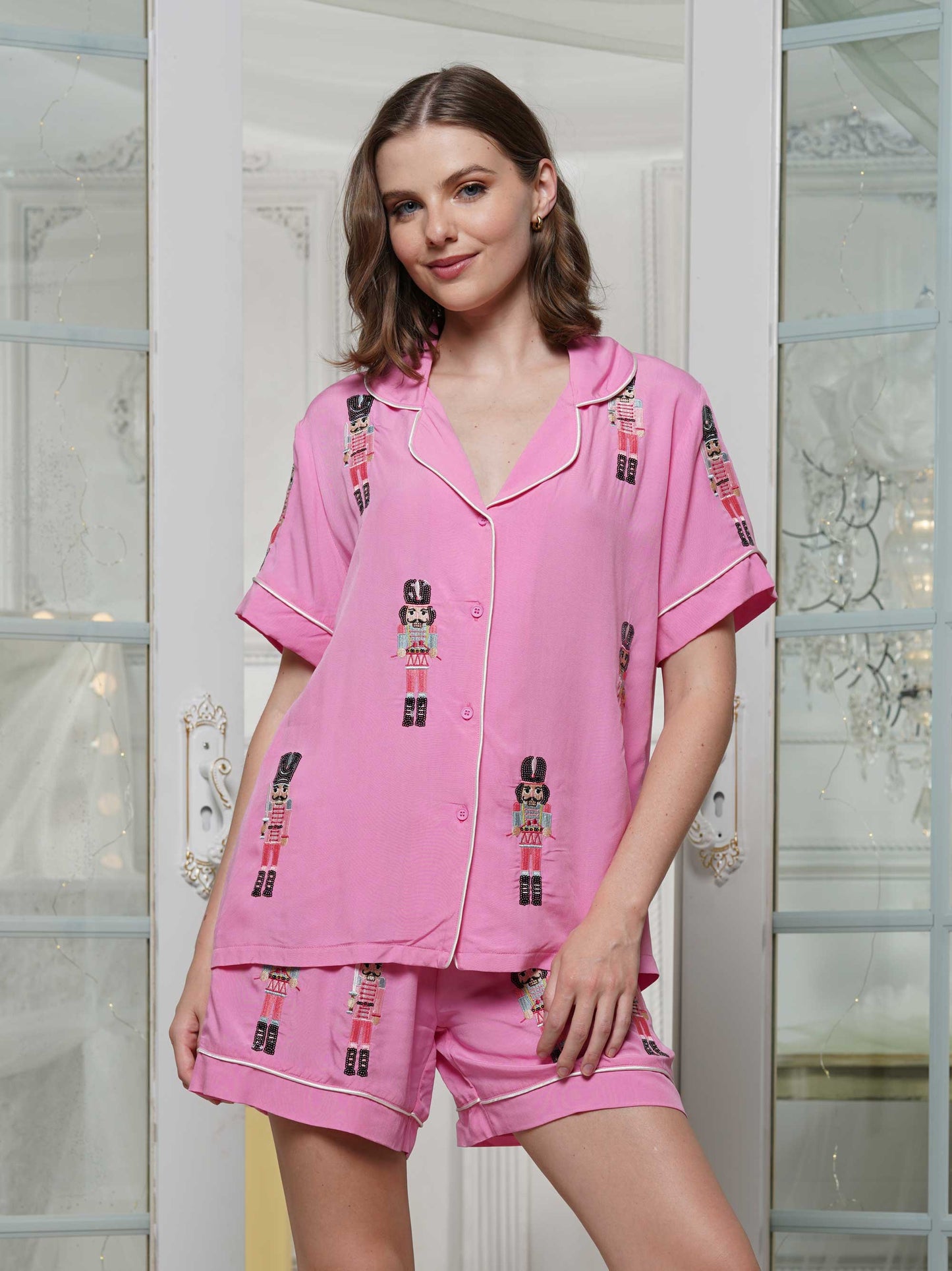 Christmas Nutcracker Embroidery Pajama 2-Piece Set