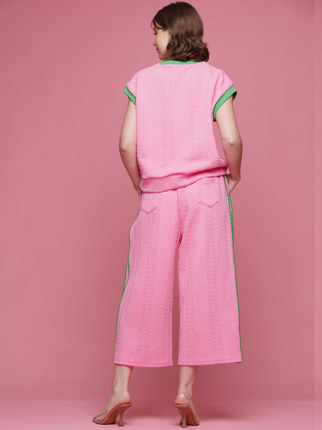 Texture fabric with contrast top & pants set