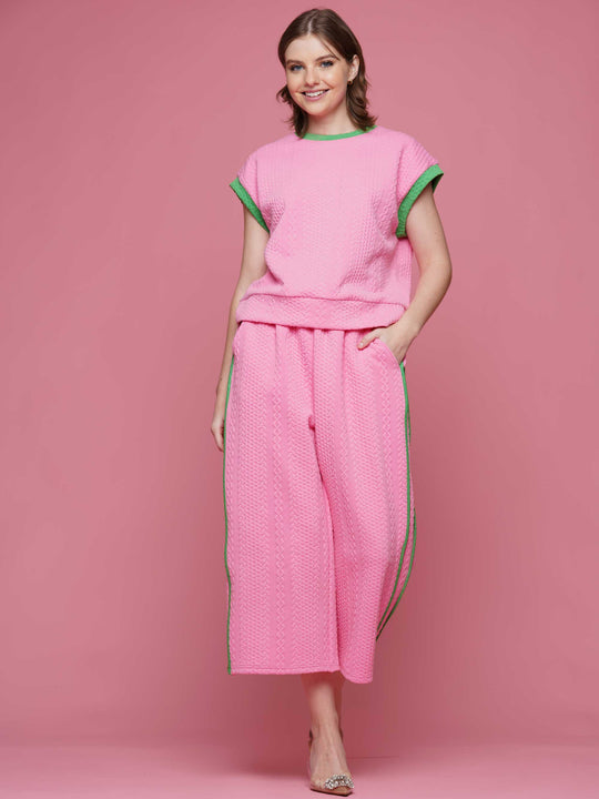 Texture fabric with contrast top & pants set
