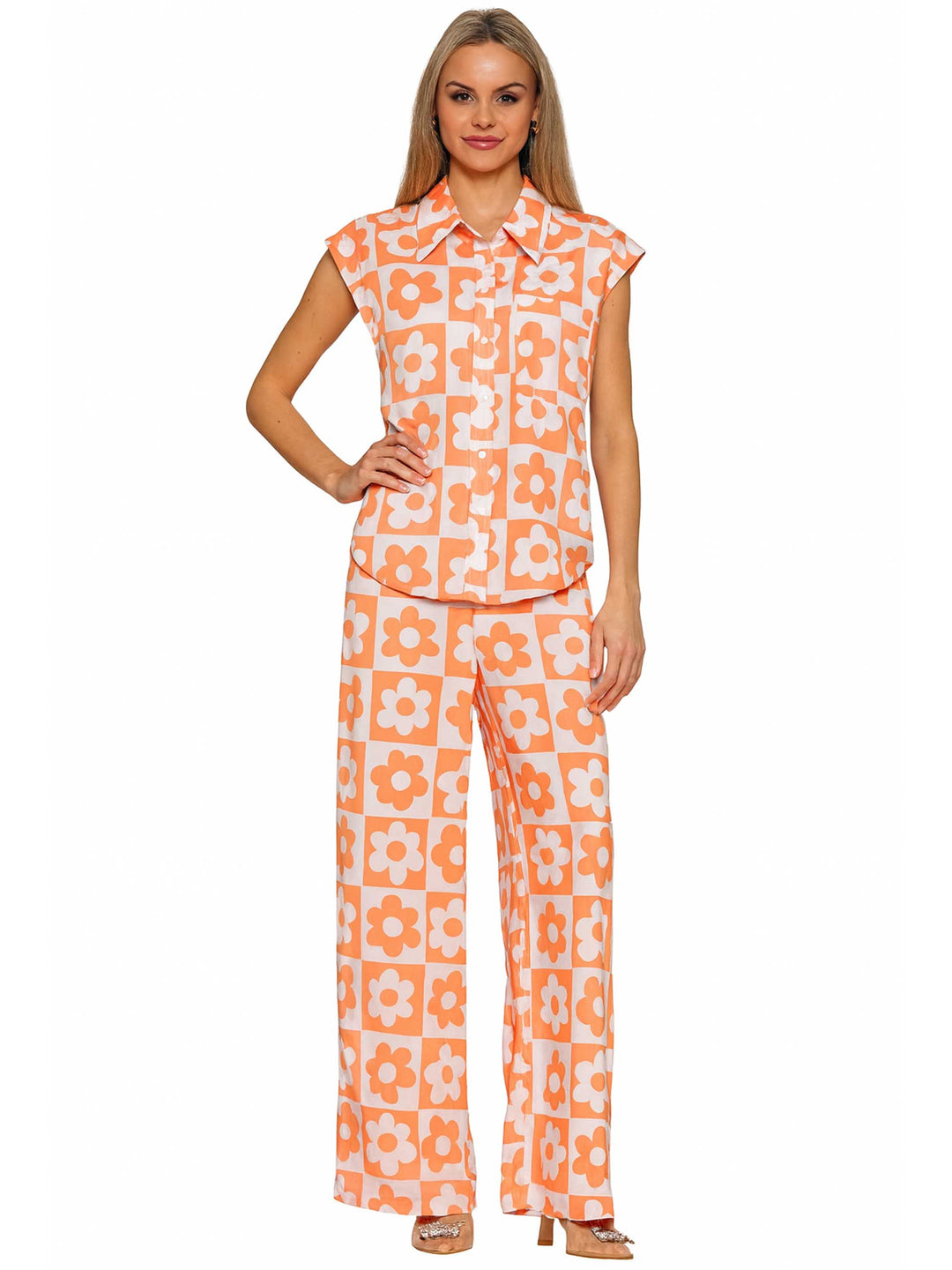 Checkered flower top and pants set