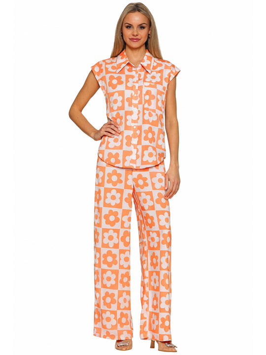 Checkered flower top and pants set