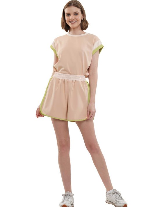 Wide Sleeve Color Block Short Sleeve Top and Matching Casual Shorts