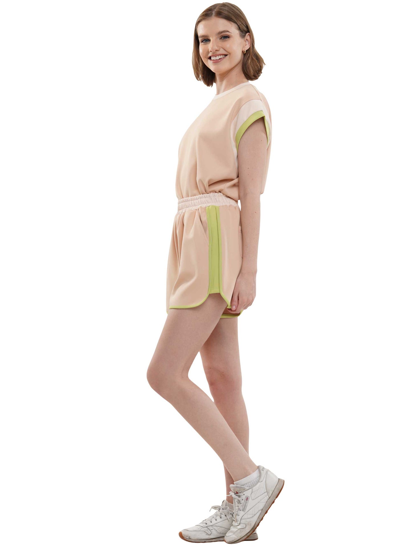 Wide Sleeve Color Block Short Sleeve Top and Matching Casual Shorts